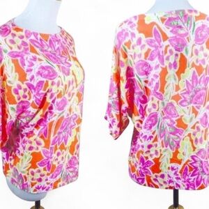 LAUREN RALPH LAUREN Pink Orange & Green Gloral Boatneck Dolman Knit Top Shirt XL
